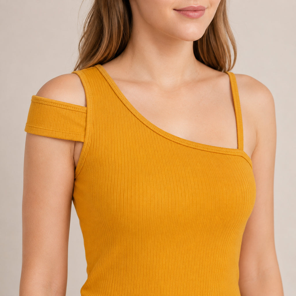 Women's Chic Asymmetrical One-Shoulder Mustard Knit Bodycon Mini Dress-2