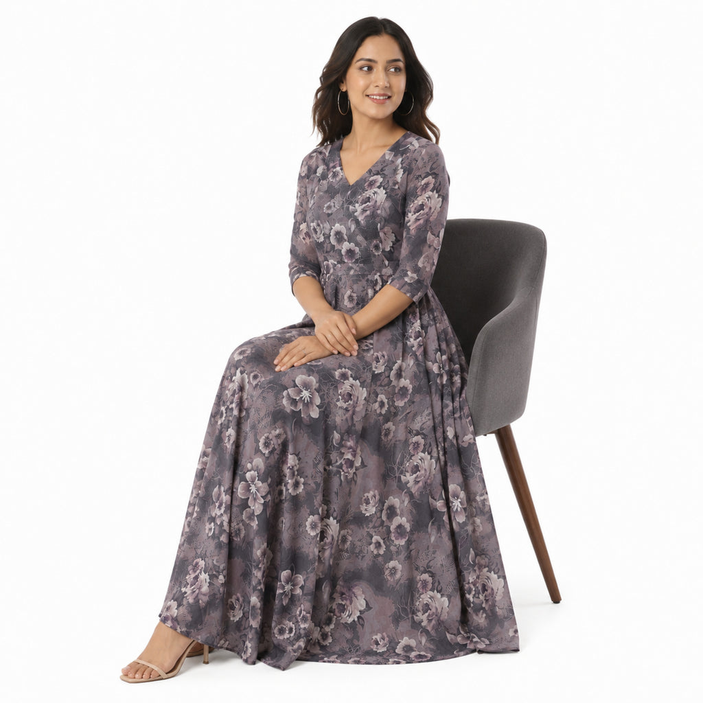 Women's Grey Floral V-Neck Flared Maxi Dress with Three-Quarter Sleeves-2