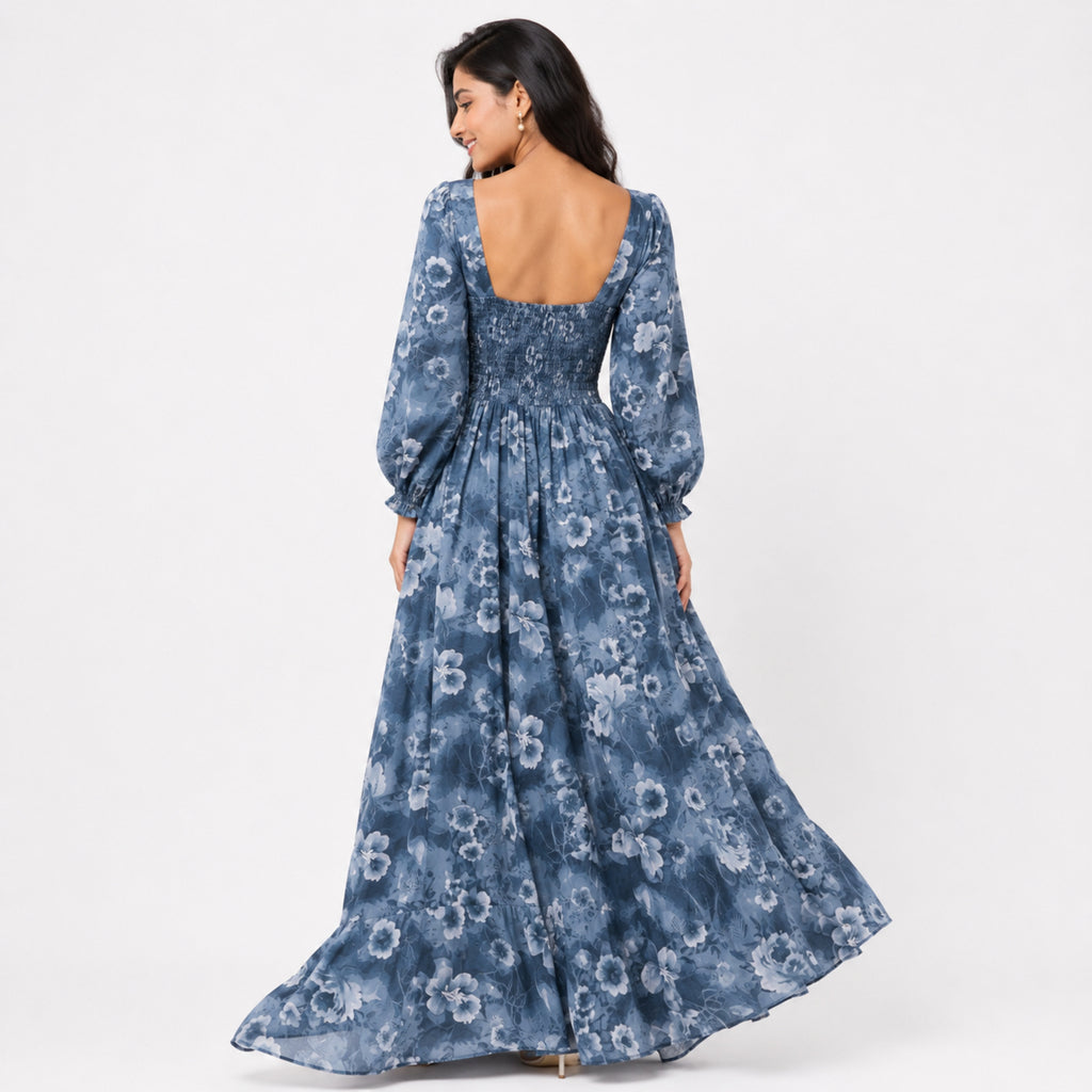 Women's Blue Floral Tie-Up Midi Dress-4