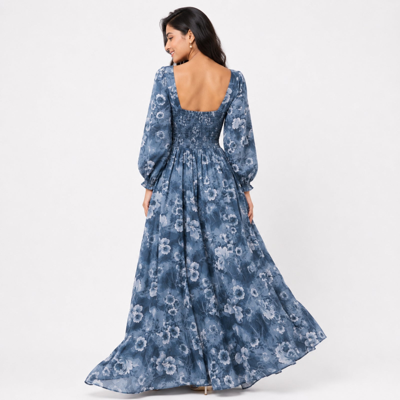 Women's Blue Floral Tie-Up Midi Dress-4