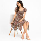 Women's Multicolor Floral Print Smocked Puff Sleeve Handkerchief Mini Dress-3