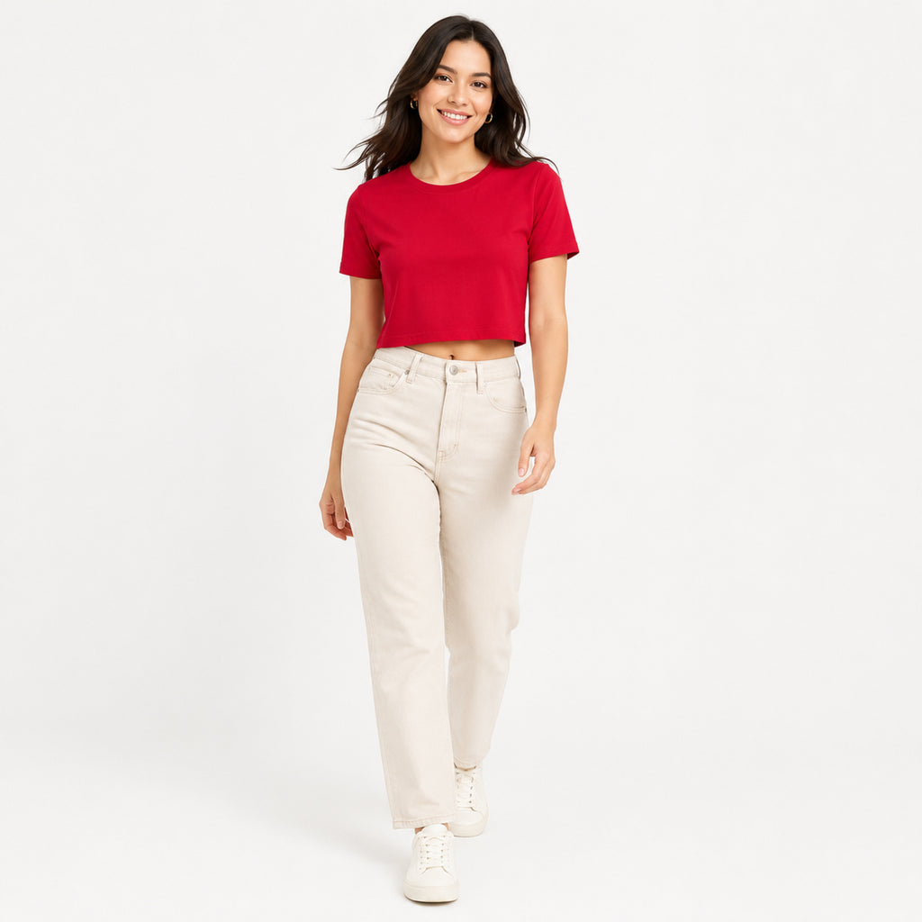 Women's Red Crew Neck Short Sleeve Boxy Crop T-Shirt | Solid Casual Crop Tee-1