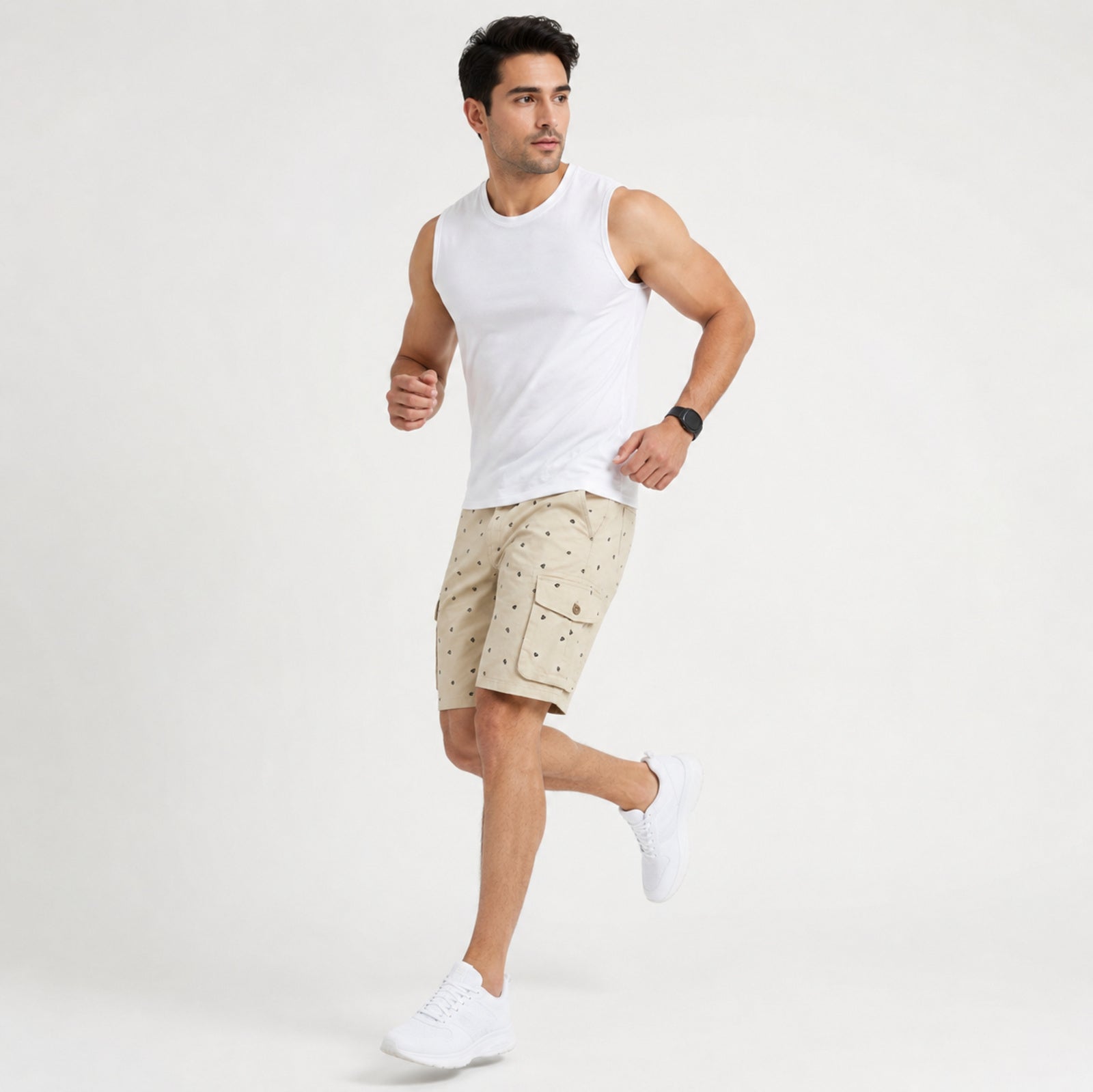 Men's Beige Printed Cargo Shorts-3