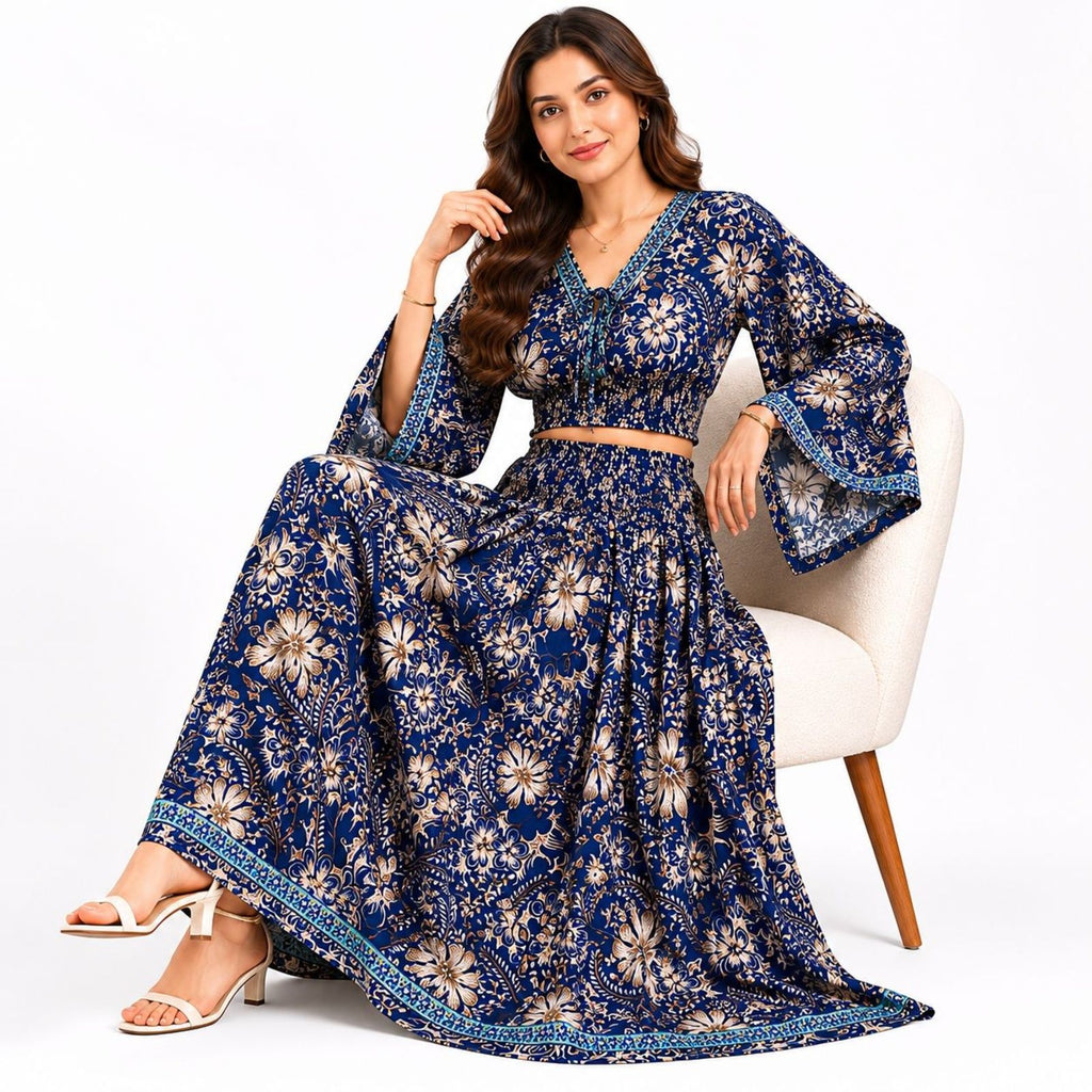 Women's Bohemian Chic Navy Blue Floral Flare-Sleeve Crop Top and Maxi Skirt Set-2