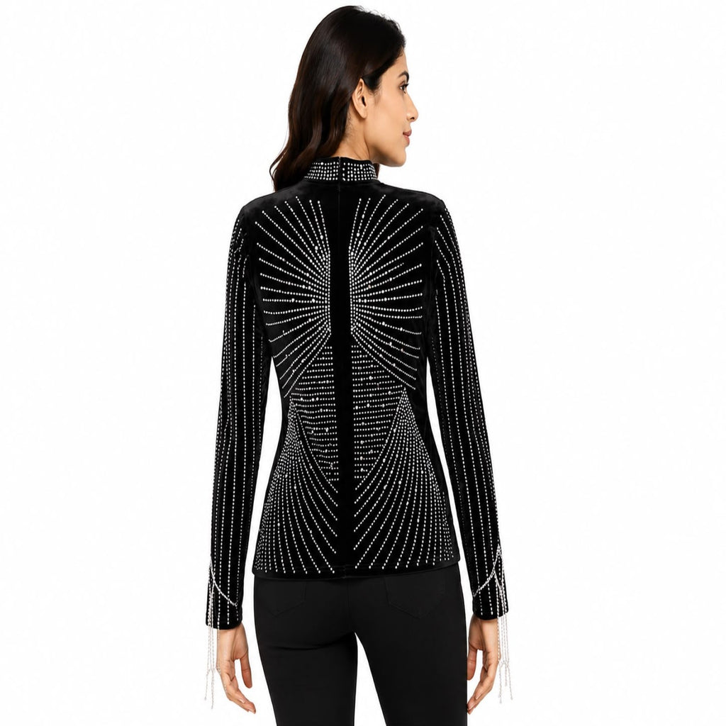 Women’s Black Embellished Mock Neck Full Sleeve Fitted Top-4