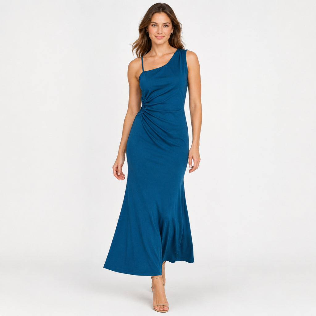 Women's Blue One-Shoulder Ruched Maxi Dress-1