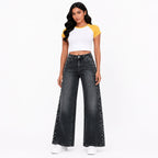 Women's Faded Grey Wide Leg Jeans with Side Stud Detail | High-Rise Premium Denim-2