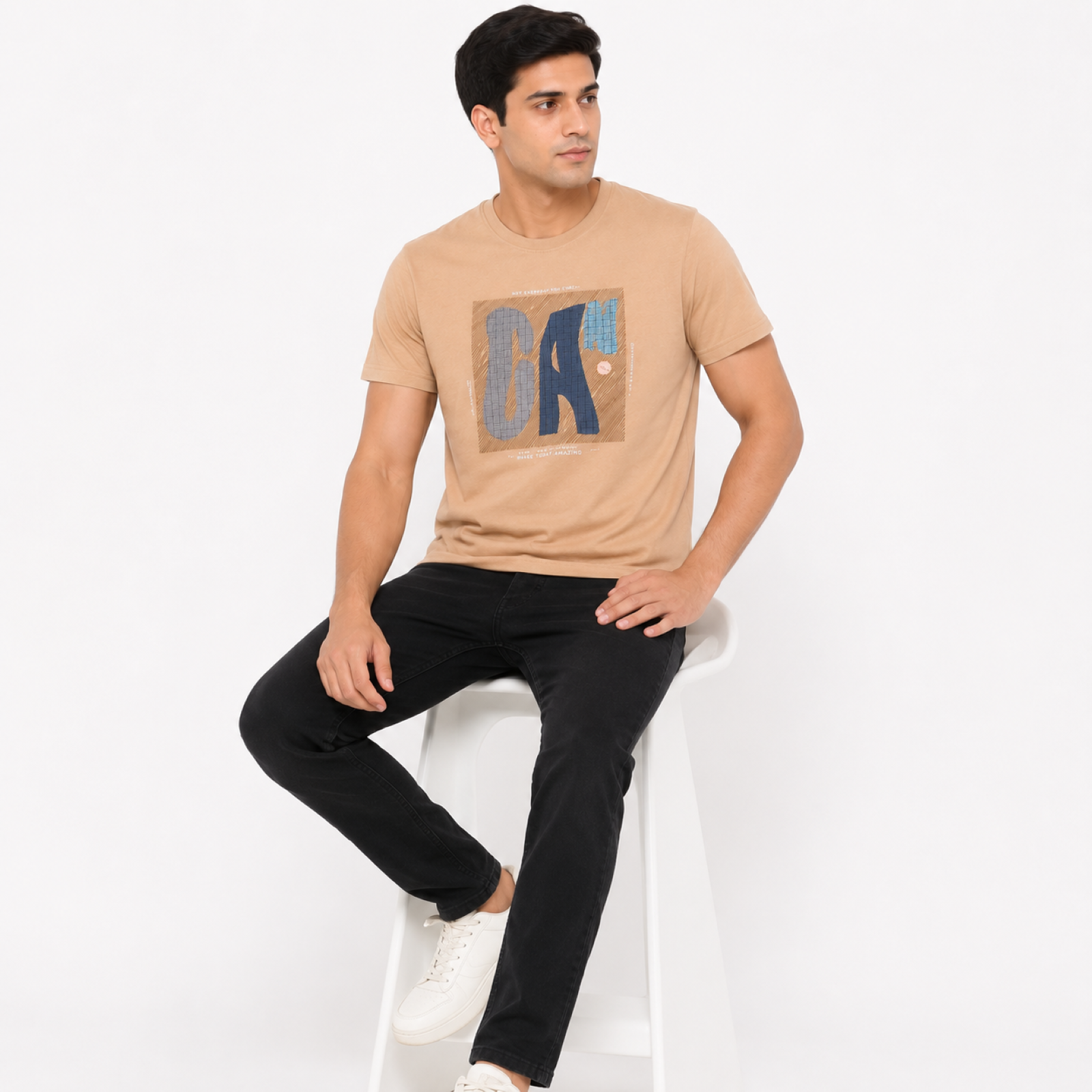 Men's Beige Typographic Graphic Crew Neck T-Shirt | Regular Fit Half Sleeve Casual Tee-2