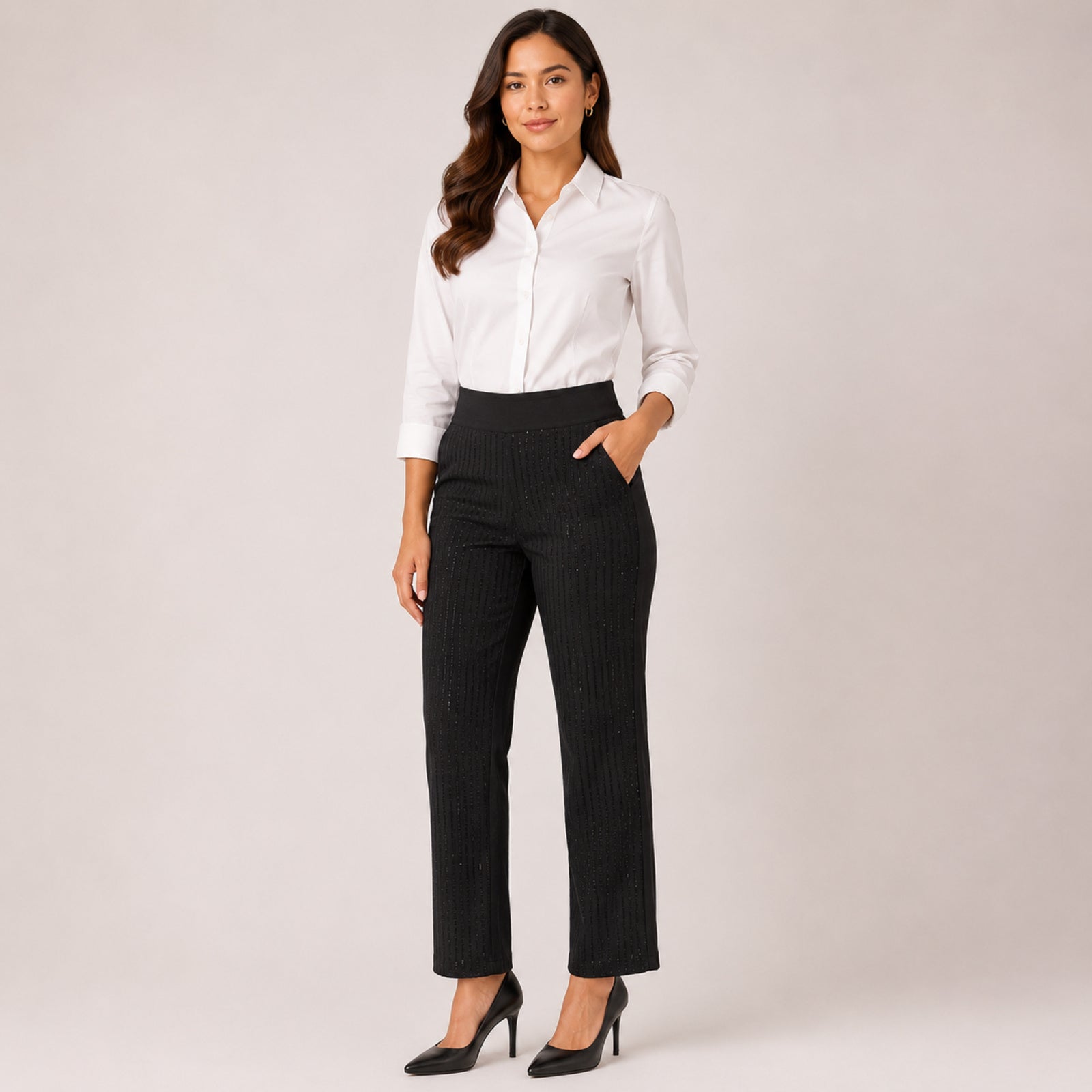 Women's Shimmering Diamond Textured Executive Black Trousers-1