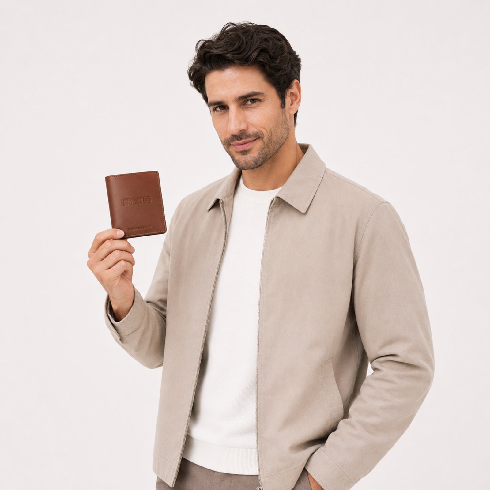 Men's Luxury Tan Leather Bifold Wallet with Embossed Brand Branding-4