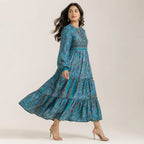 Women's Teal Blue Paisley Printed Tiered Maxi Dress-2