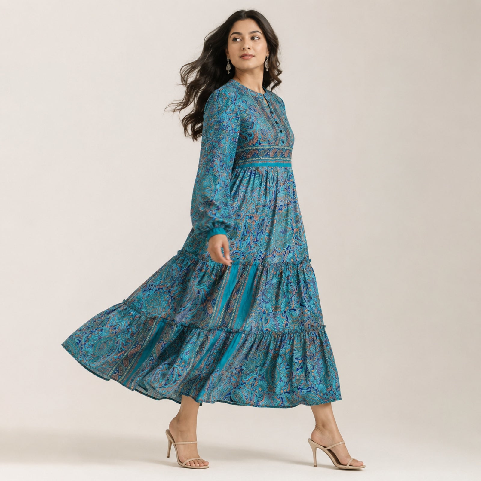 Women's Teal Blue Paisley Printed Tiered Maxi Dress-2