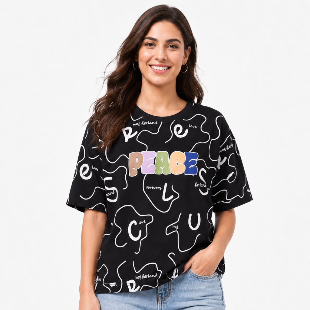 Women's Black Graphic Printed Oversized T-Shirt | Casual Everyday Cotton Tee-3