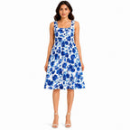 Women's Blue Floral Print Sleeveless Fit & Flare Midi Dress-1