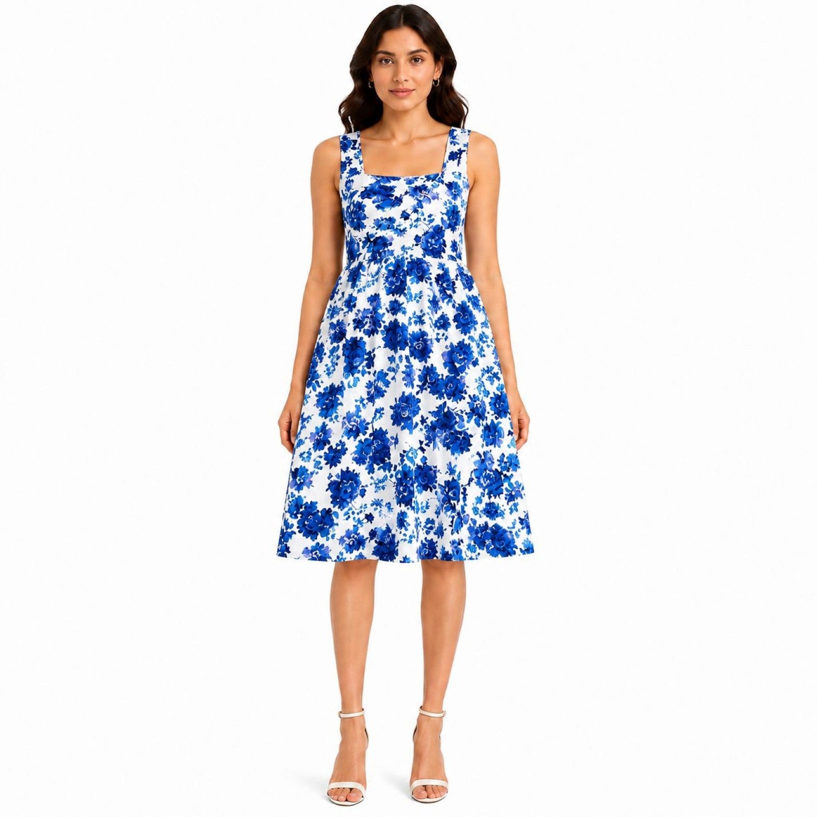 Women's Blue Floral Print Sleeveless Fit & Flare Midi Dress-1