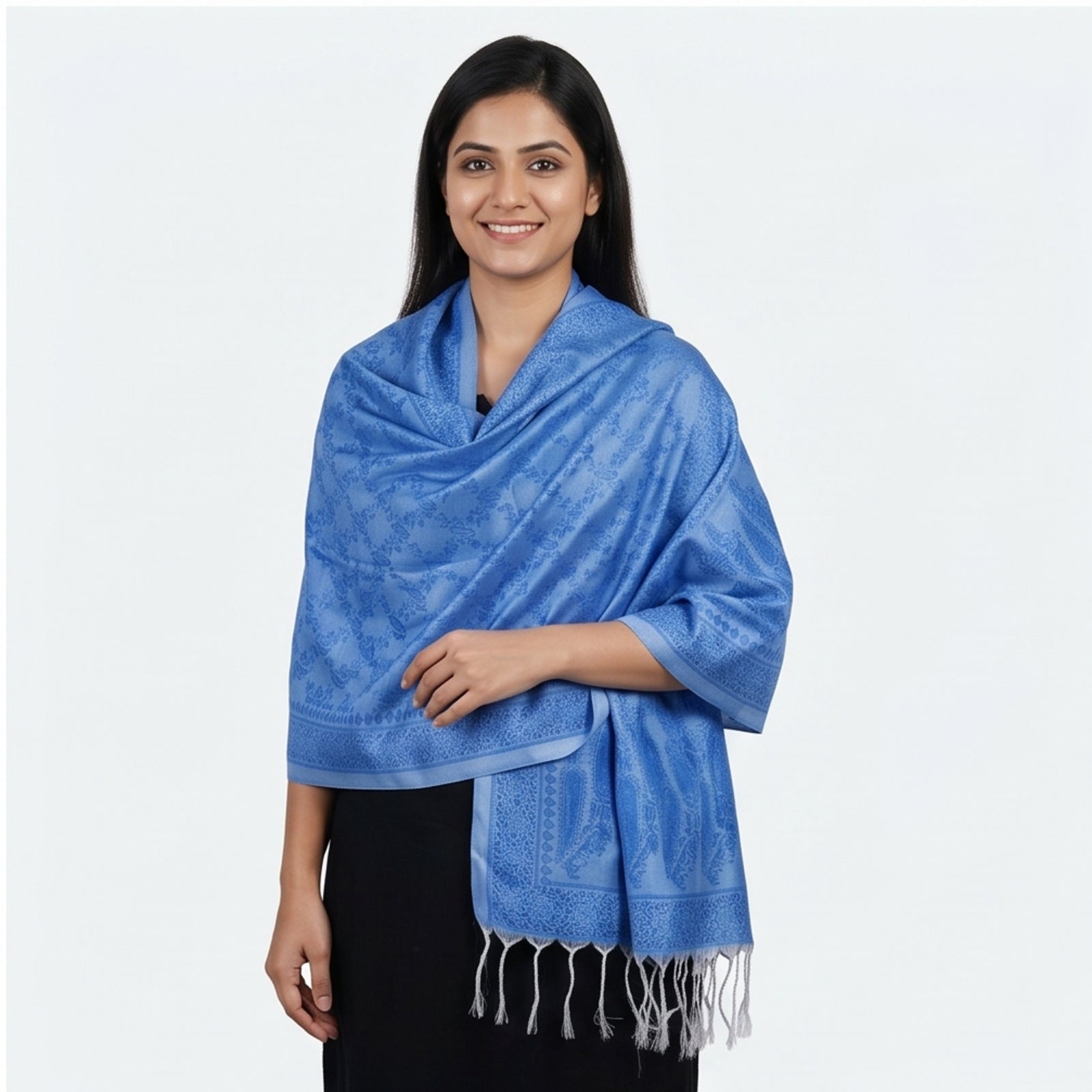 Women's Sky Blue Woven Pashmina Shawl-4