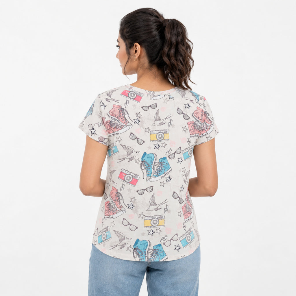 Women's White Travel Theme Printed T-Shirt-4