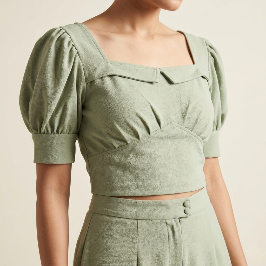 Women's Parrot Green Puff Sleeve Square Neck Top-4