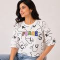 Women's Celestial Alabaster White "Peace" Graphic Tee with Abstract Monochromatic Typography-1