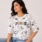 Women's Celestial Alabaster White "Peace" Graphic Tee with Abstract Monochromatic Typography-1