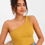 Women's Parrot Green One-Shoulder Crop Top | Ribbed Asymmetrical Casual Top-3