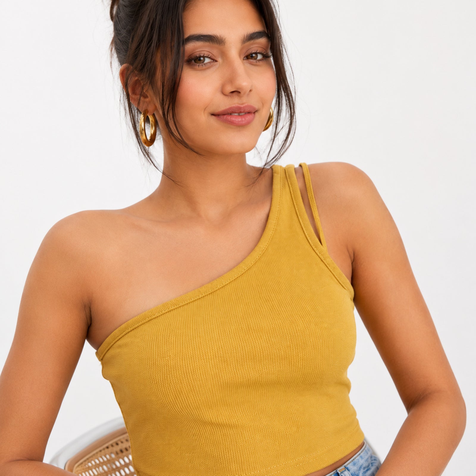 Women's Parrot Green One-Shoulder Crop Top | Ribbed Asymmetrical Casual Top-3