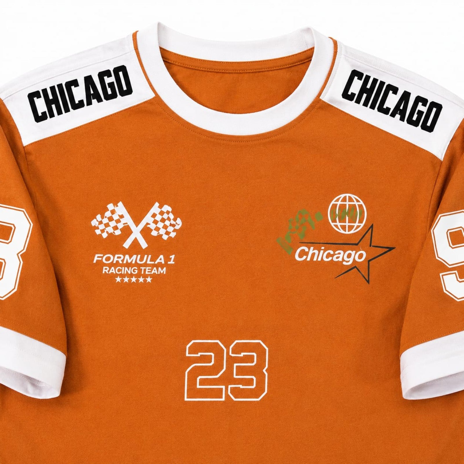 Men's Orange Motorsport Graphic Contrast Panel Crew Neck T-Shirt | Regular Fit Half Sleeve Casual Tee-3