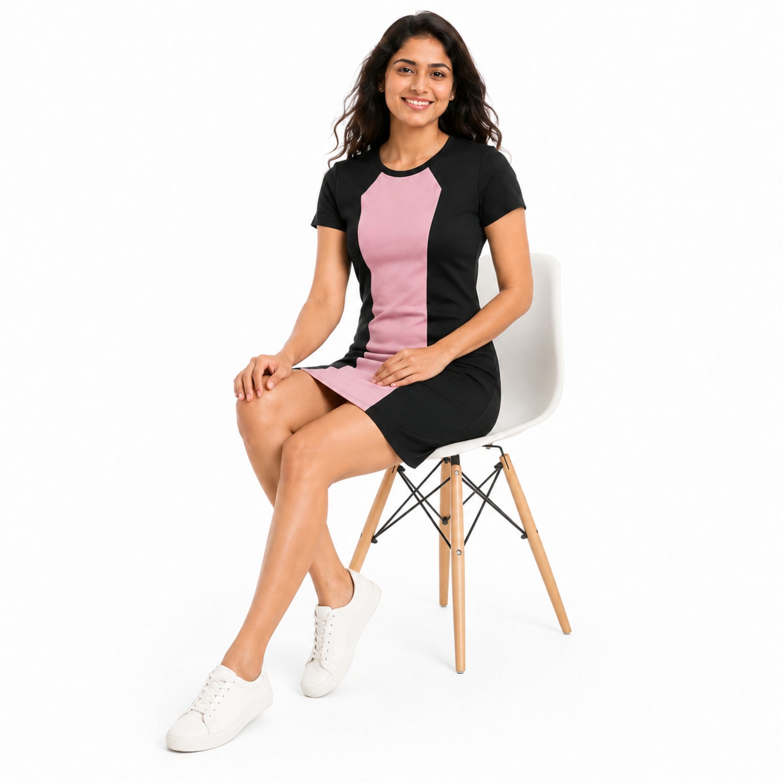 Women's Black & Pink Color Block Round Neck Bodycon Mini Dress with Short Sleeves-2