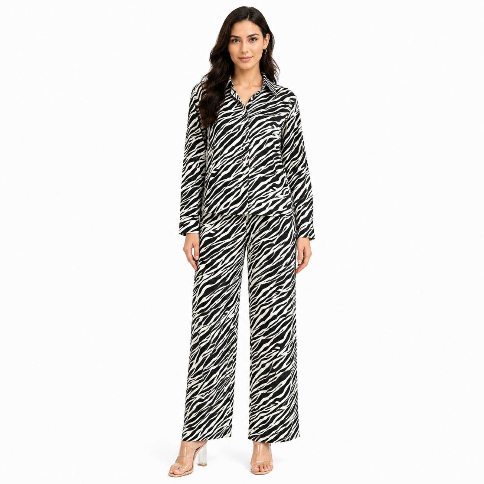 Women's Black & Cream Zebra Print Co-Ord Set | Full Sleeve Collared Shirt with Wide Leg Trousers-1