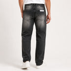Men's Black Washed Panel Detail Straight Fit Denim Jeans-3