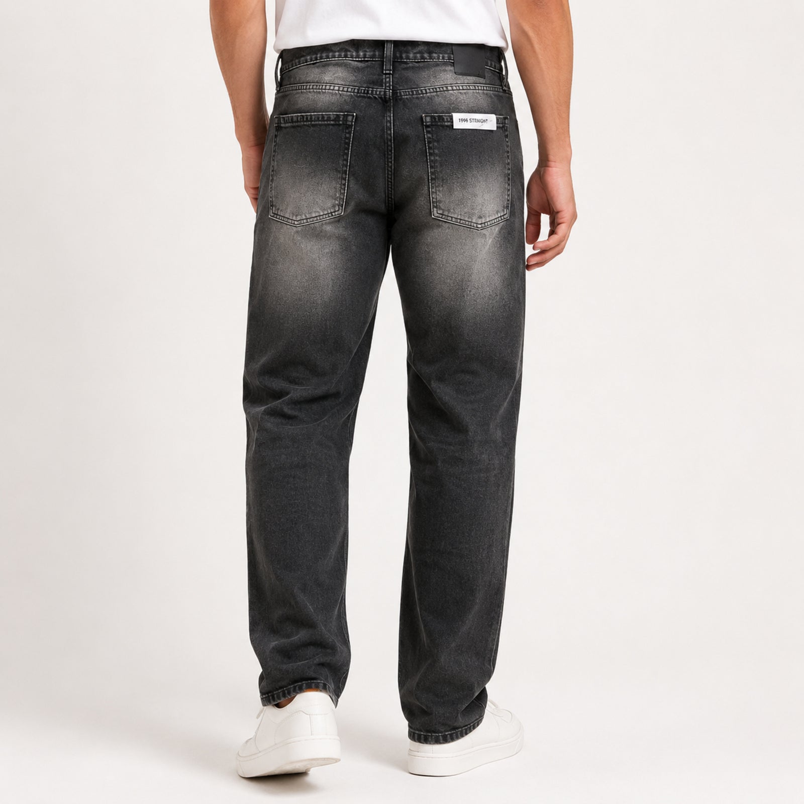 Men's Black Washed Panel Detail Straight Fit Denim Jeans-3