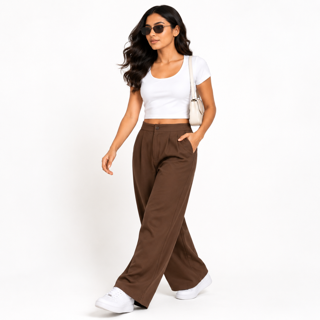 Women's Rust High-Waist Pleated Wide Leg Casual Trousers-3