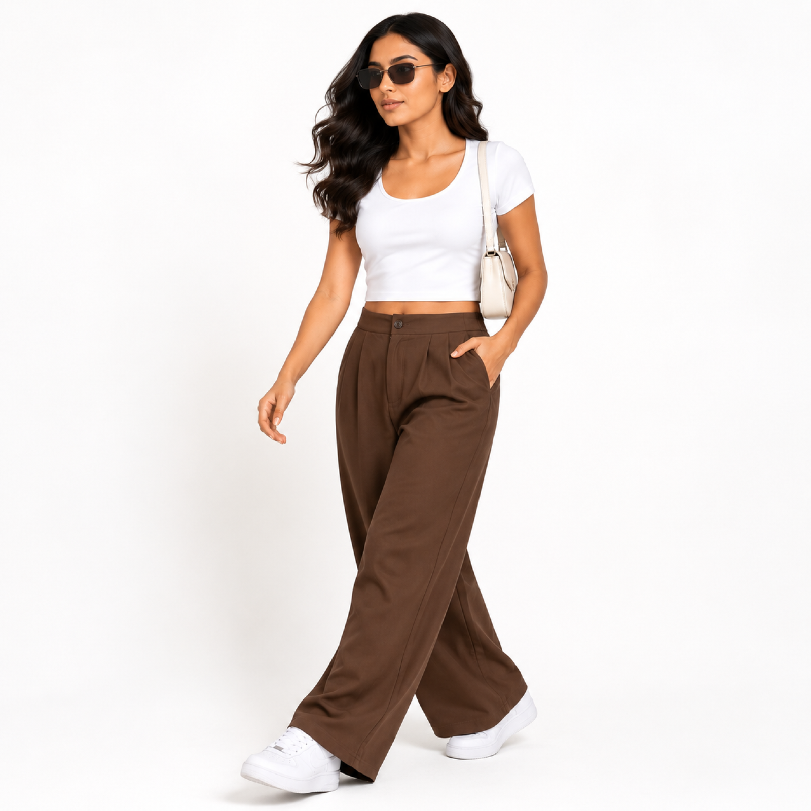 Women's Rust High-Waist Pleated Wide Leg Casual Trousers-3