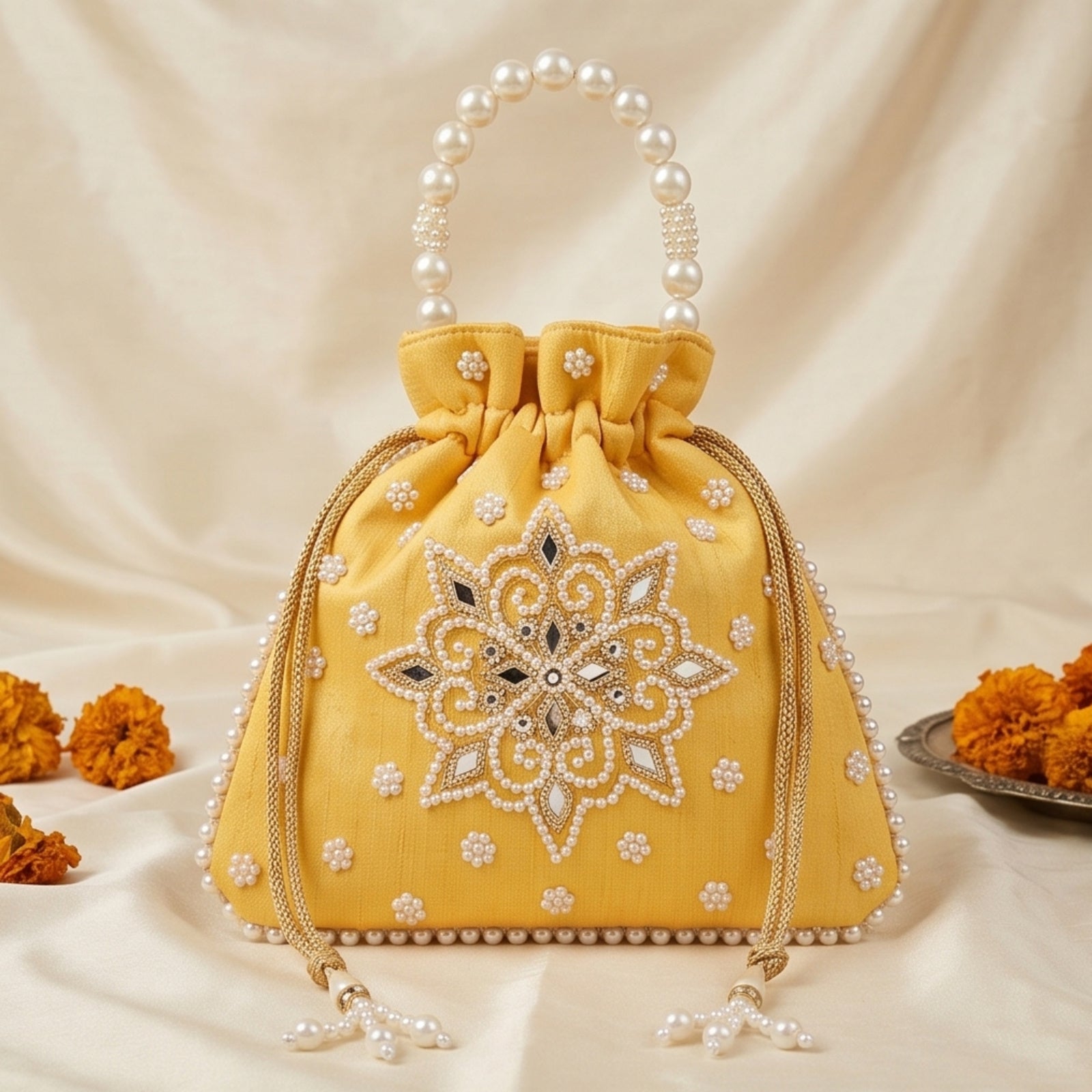 Women's Yellow Embroidered Potli Bag with Pearl Handle-2