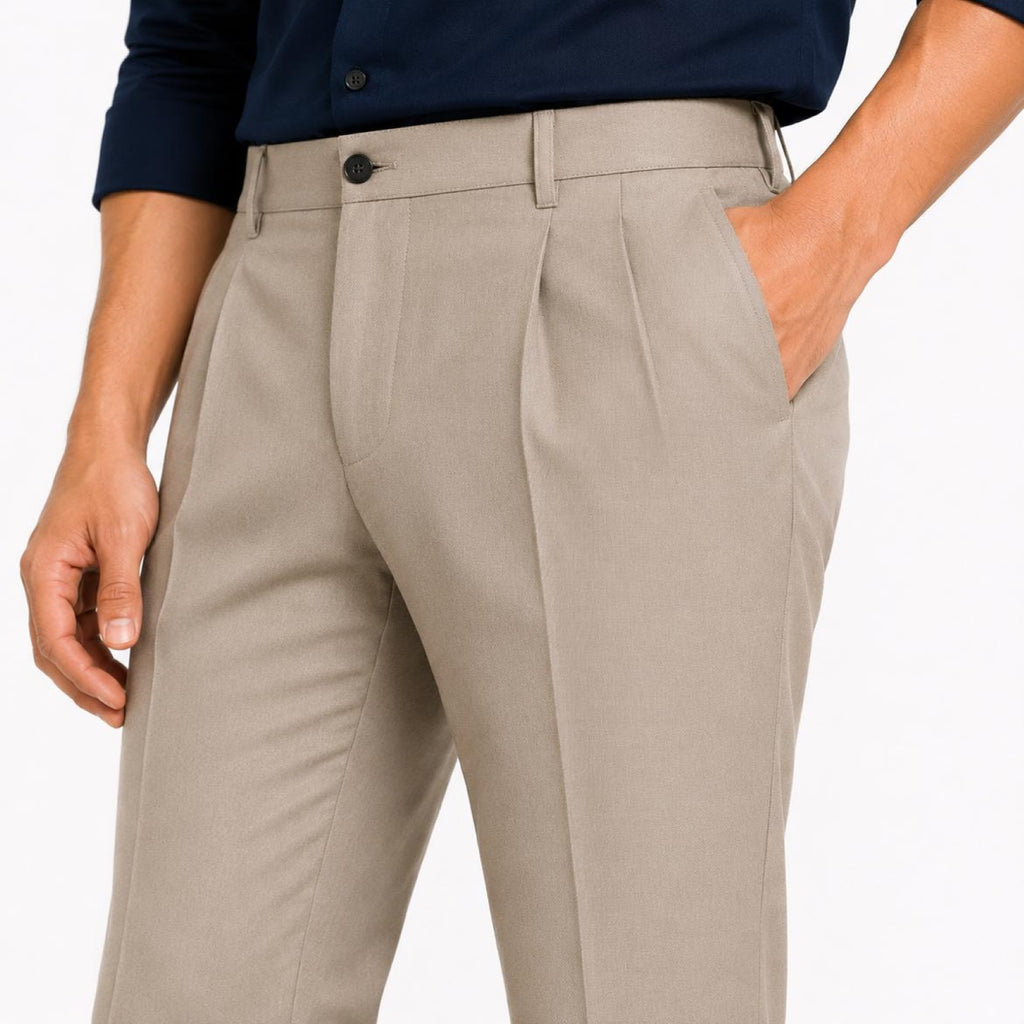 Men's Khaki Pleated Tapered Formal Trousers | Smart Fit Office Wear Pants-2