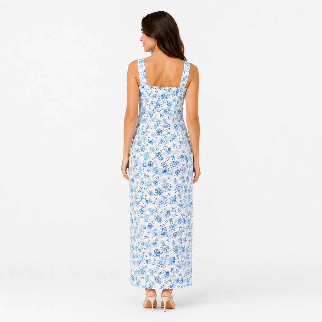 Women's Sky Blue Floral Print Sleeveless Maxi Dress with Side Slit-4