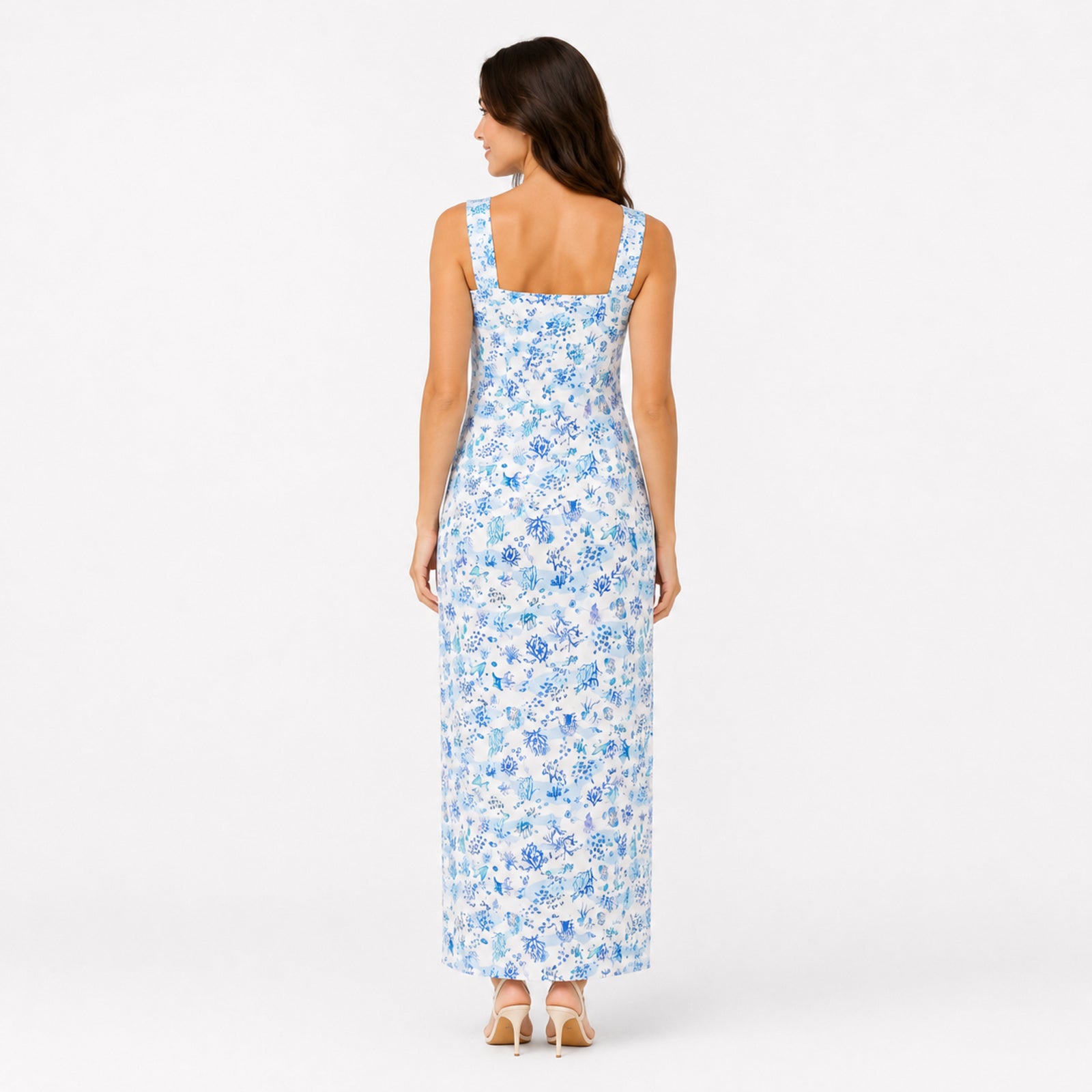 Women's Sky Blue Floral Print Sleeveless Maxi Dress with Side Slit-4