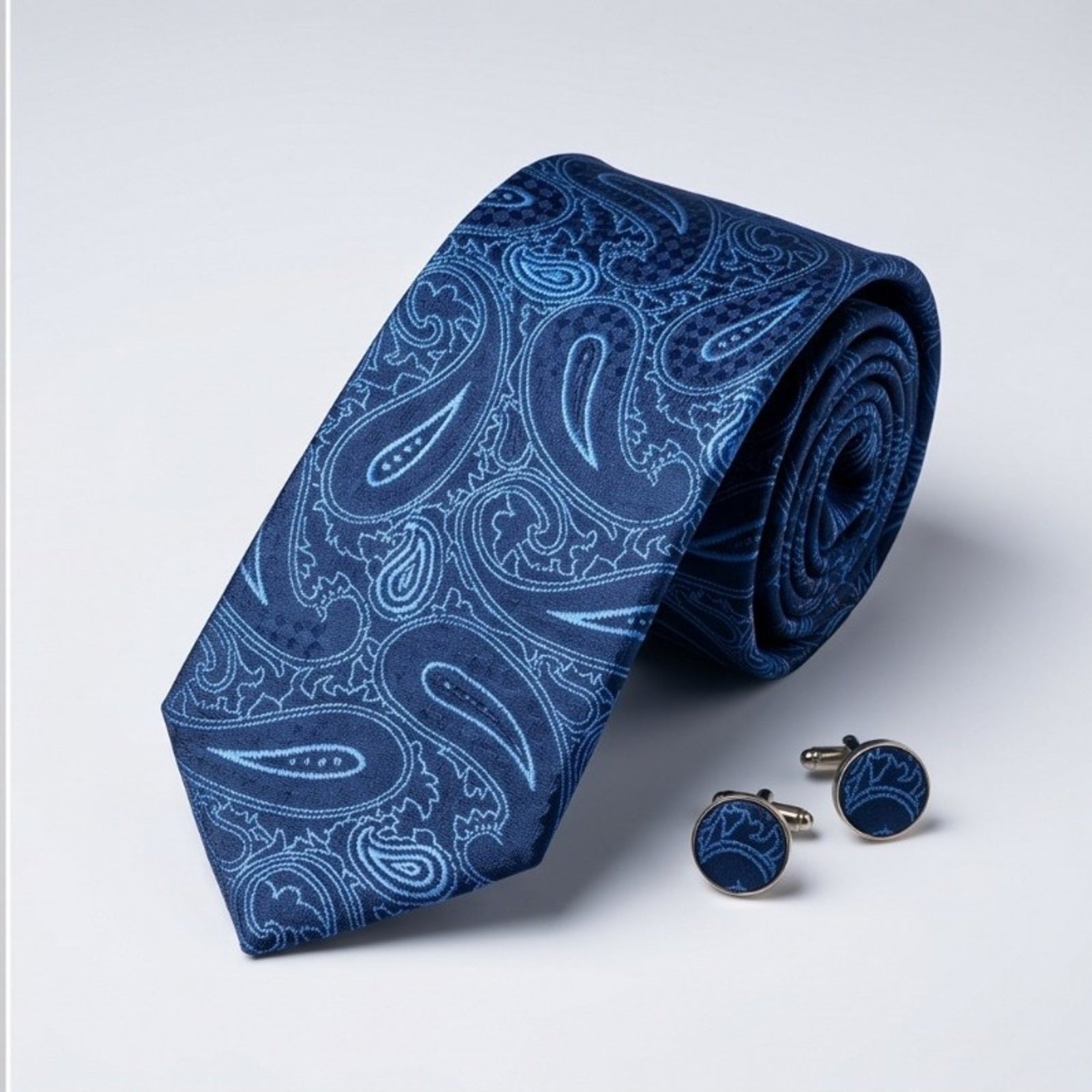 Men's Luxury Paisley-Patterned Navy Blue Silk Formal Necktie-4