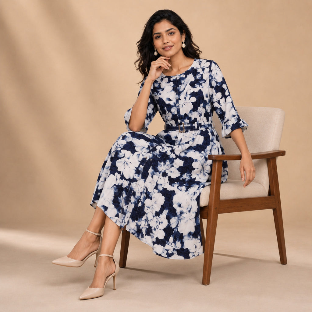 Women's Elegant Floral Print A-Line Midi Dress with Belt-3
