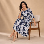 Women's Elegant Floral Print A-Line Midi Dress with Belt-3