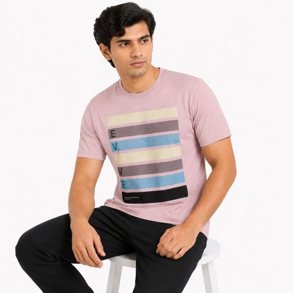 Men's Light Pink Stripe Graphic Crew Neck T-Shirt-2