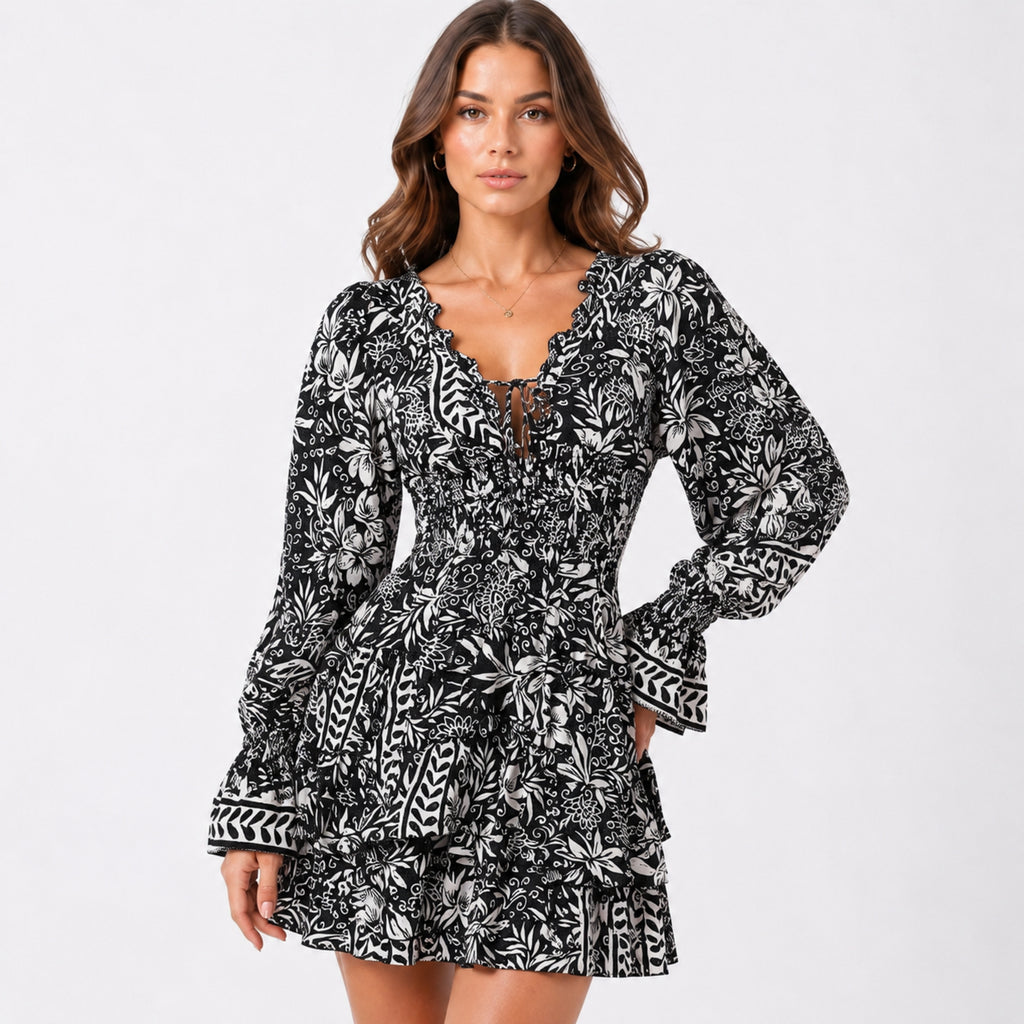 Women's Black Floral Print Smocked Mini Dress-3