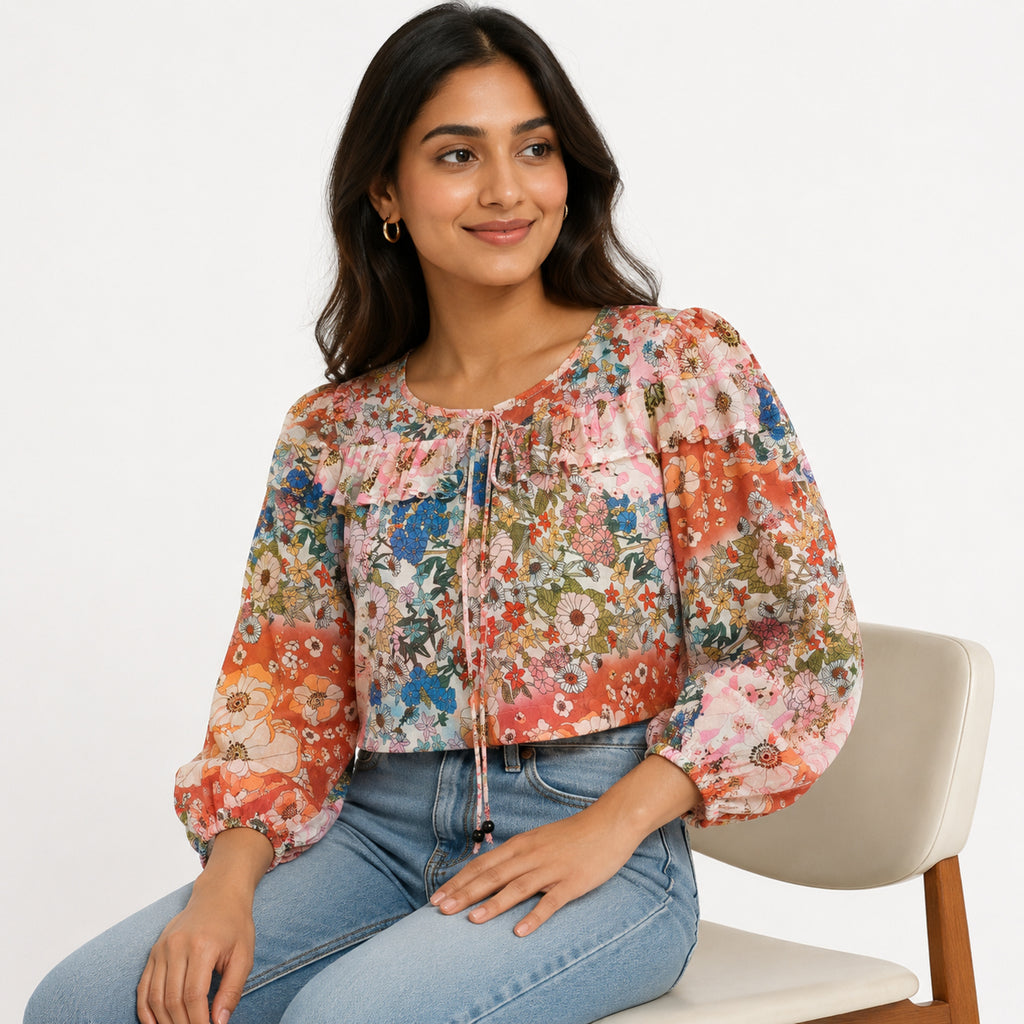 Women's Floral Print Ruffle Neck Crop Top with Tie-Up Detail-3