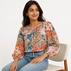 Women's Floral Print Ruffle Neck Crop Top with Tie-Up Detail-3