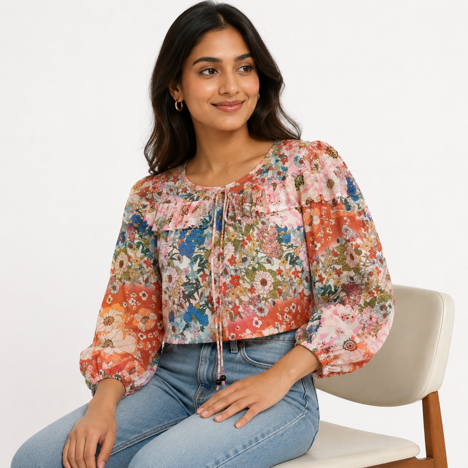 Women's Floral Print Ruffle Neck Crop Top with Tie-Up Detail-3