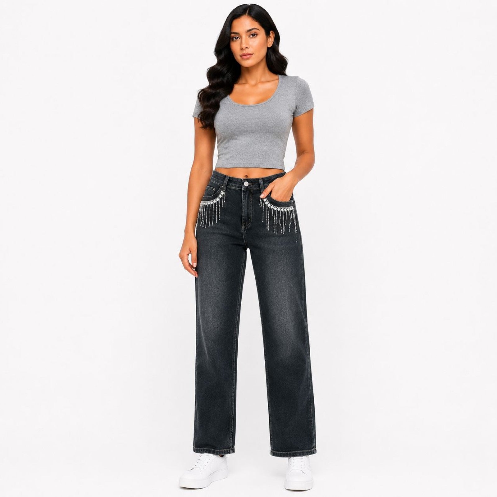 Women's Dusty Grey Wide Leg Jeans with Rhinestone Fringe | High-Rise Statement Denim-1