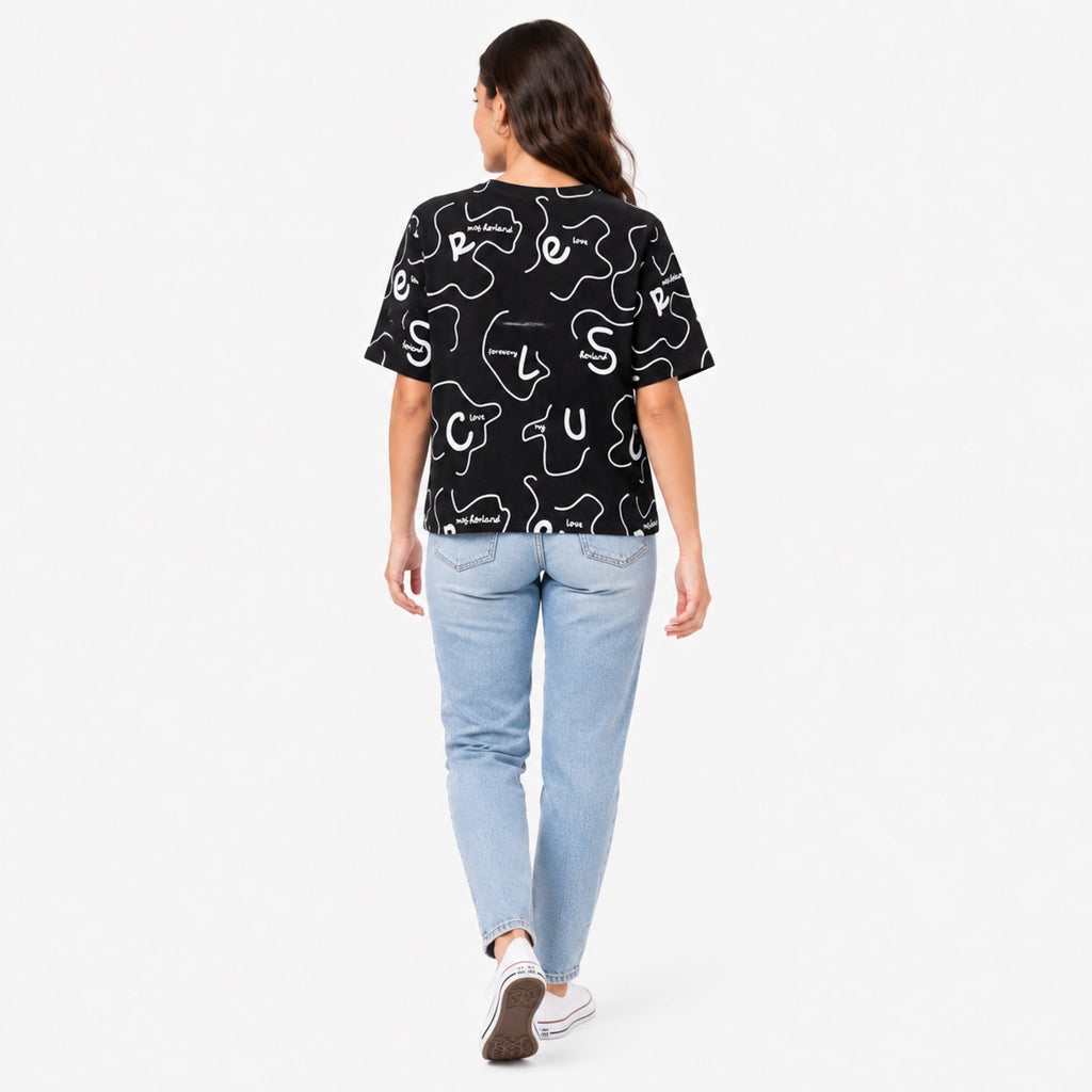 Women's Black Graphic Printed Oversized T-Shirt | Casual Everyday Cotton Tee-4
