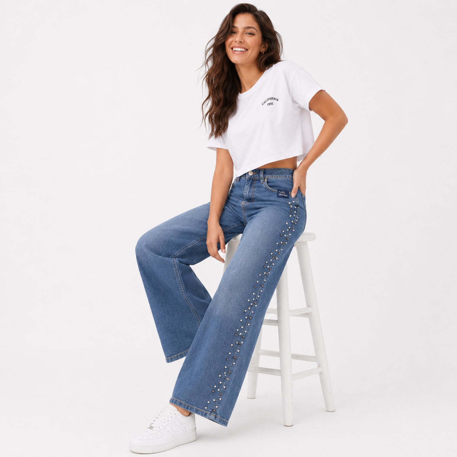 Women's Shimmering Diamond Studded Light Blue Bootcut Jeans-3