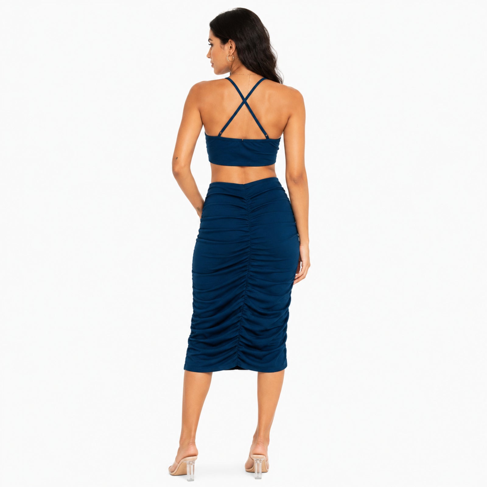 Women's Navy Blue Ruched Crop Top and Midi Skirt Co-Ord Set-4