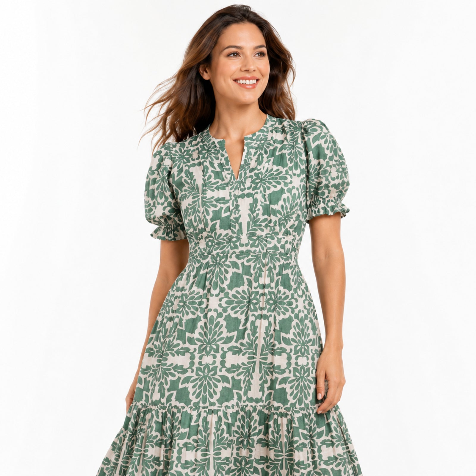 Women's Green Floral Print Notch Neck Puff Sleeve Tiered Maxi Dress | Elegant Flared Day Dress-2